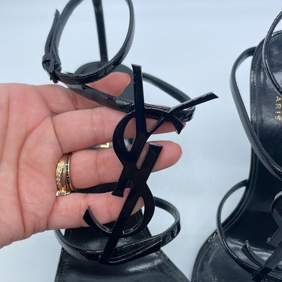 Saint Laurent YSL black on black cassandra strappy heels patent leather 38.5 - Picture 4 of 8